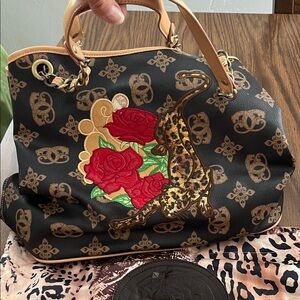 Sharif Black and Brown Shoulder Bag with Leopard and Rose Design NWOT